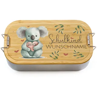Print Royal PR Personalisierbare Brotdose zur Einschulung - Schulkind mit Name und Jahr personalisiert - Koala Brotdose, personalisierte Geschenke zur Einschulung | 600 ml, mit Bambusdeckel
