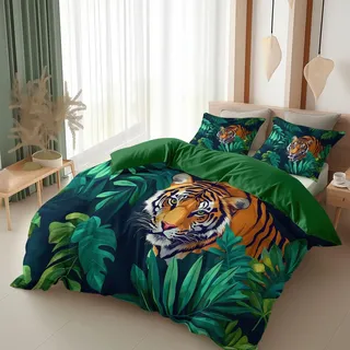 Srigzcaly Bettwäsche 135x200 cm Grün, Bettwäsche-Set tropisch Dschungel blätter Tier Tiger, Microfaser Bettbezug bügelfrei & weich - Wendebettwäsche und Kissenbezug mit Reißverschluss
