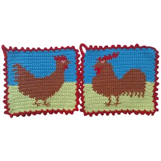 1 Paar Topflappen Hahn + Huhn, braun, gehäkelt Handarbeit Haustier Hühner