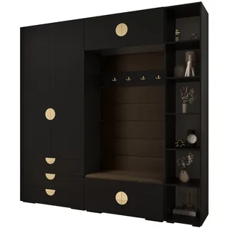 Abiks Möbel Garderoben-Set, Schwarz, Braun, Gold, Holz, Nachbildung, 2-Sitzer, 13 Fächer, 240x236.7x47 cm, Garderobe, Garderoben-Sets & Serien, Garderoben-Sets