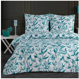 Buymax Bettwäsche Girasol, Renforce: 100% Baumwolle, 2 teilig, 135x200 cm, Bettbezug-Set, mit Reißverschluss, Blumen, Grün, Petrol blau|grün