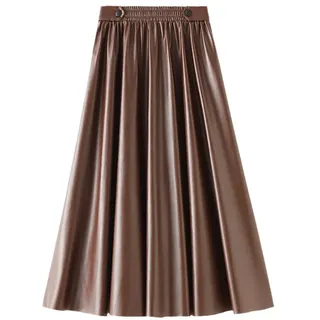 Ownwfeat Herbst Winter Vintage PU Leder Plissee Maxi Langer Rock Elastische Taillenband A-Linie Lange Lederröcke, coffee, Einheitsgröße - Einheitsgröße