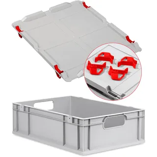 Eurobox NextGen Economy 60x40x17cm Griffe offen mit Auflagedeckel grau, Kunststoffbox 34 Liter stapelbar, Transportbox Lagerbox lebensmittelecht, Farbe Deckel-Verschlüsse wählbar (Verschluss Rot)