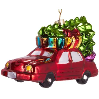 BRUBAKER Auto mit Weihnachtsbaum auf dem Dach Rot - Handbemalte Weihnachtskugel aus Glas - Mundgeblasener Christbaumschmuck Figuren lustig Deko Anhänger Baumkugel - ca. 12 cm