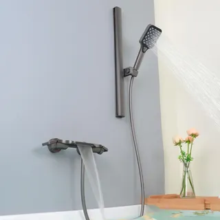 SHANFO Badewannenarmatur mit Handbrause, Wannenarmatur mit Duschstange, Wasserfall Armatur Badewanne Set, Grau, 14Y7OK-B