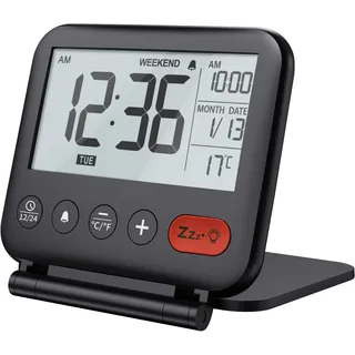 Mini-reisewecker, Tragbare Digitale Lcd-uhr Mit Hintergrundbeleuchtetem Kalender, 12/24-stunden-anzeige, Temperaturanzeige, Kosmetikspiegel, Kleine, Faltbare, Batteriebetriebene Tischuhr