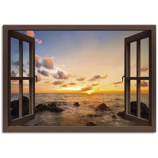 Wandbild ARTLAND "Fensterblick Sonnenuntergang am Meer", braun (farbe bild(er): braun), B:100cm H:70cm, Bilder, als Alubild, Leinwandbild in verschied. Größen
