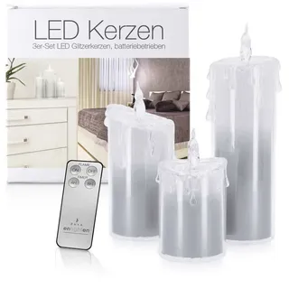 LED Universum Acryl Glitzer Kerze Silber 3er Set "Liza" Deko Timer Fernbedienung