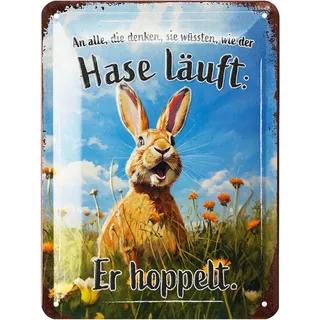 LANOLU Retro Blechschild DER HASE HOPPELT, vintage Metallschilder mit Sprüchen, Shabby Chic Deko Küche und Garten, lustige Schilder aus Metall, Geschenk Ostern 15x20cm