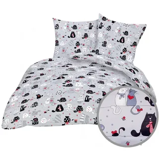 Heubergshop Bettwäsche, Renforcé, 2 teilig, 135x200cm + 80x80cm - Katzen 100% Baumwolle Kinder (KY-Katzen-Grau) grau|rot|schwarz
