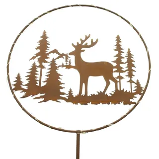 Dekoleidenschaft Gartenstecker "Rentier im Wald" aus Metall mit Echtrost Ø 25 cm, mit LED Beleuchtung Dekostecker für Weihnachten, Rostfigur, Gartendeko, Weihnachtsdeko braun