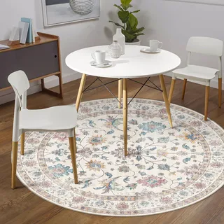 PureCozy Vintage Runder Waschbarer Teppich, 120x120 cm, Blumen, Mehrfarbig