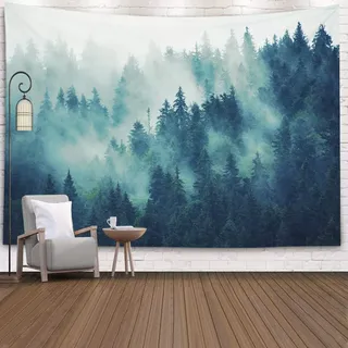 Jorisa Misty Wald Tapisserie Wandteppich,Nebelig Berg Baum Psychedelisch Natur Landschaft Hängendes Tuch Wandbehang für Wohnzimmer,Schlafzimmer,Büro,Wohnheim,95x73cm