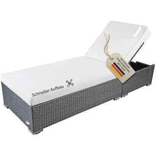 RS Trade Sonnenliege Gartenliege Wetterfest aus Polyrattan mit Rollen – Rattan Outdoor Liege mit mehrfach Verstellbarer Rückenlehne für Garten, Terrasse, Balkon & Pool, grau mit weißer Auflage