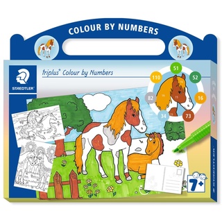 STAEDTLER triplus Malen nach Zahlen Set Pferde, mit Filzstiften, Finelinern, Postkarten und nummerierten Farbanleitungen, 34 CBN01