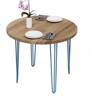 LAMO Manufaktur Esstisch Esstisch rund 90 cm Stärke: 40mm, Farbe: Nussbaum, Beine: Blau (1 Tisch), Wohnzimmertisch Holz, Runder Tisch Holztisch für Küche, Esszimmer blau 90 cm x 4 cm x 90 cm