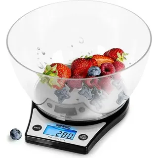Duronic KS6000 BK Küchenwaage - Ultradünne Küchenwaage mit beleuchtetem Display - 1 g - 5 kg Kapazität mit 2 L Schüssel