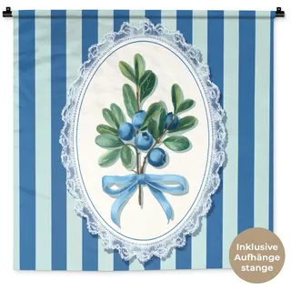 MuchoWow Wandteppich Illustration - Beeren - Blau - Streifen, Quadratisch, Höhe: 3 mm, Wandtuch für Wohnzimmer, Schlafzimmer, 90x90 cm Quadratisch | 90 cm x 90 cm x 3 mm