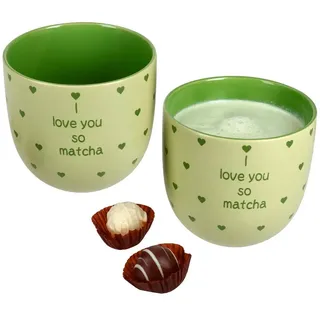 MamboCat Tasse 2x I Love Matcha Becher 370ml Steingut-Tassen 2 Personen Matcha-Drink, Steingut