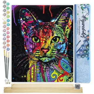 Figured'Art Malen Nach Zahlen Erwachsene Mit Rahmen Moderne fraktale Katze - Paint by Numbers Basteln DIY Bastelset 40x50cm Mit Keilrahmen (nicht gespannt)