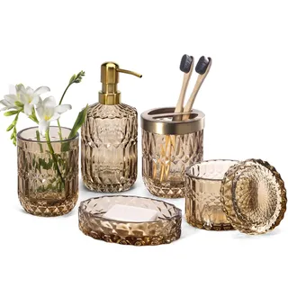 EMPO 6-teiliges Badezimmer-Zubehör-Set aus klarem Glas (Lotion-Seifenspender, Seifenschale, Zahnbürstenhalter, Becher, Wattestäbchen-Glas), Moderne Dekoration, Kristall-Vintage-Geschenk (Braun)