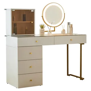 Schminktisch Set - Frisiertisch mit Spiegel - LED-Beleuchtung - Glasplatte - 5 Schubladen und Schränke - Ohne Hocker - 115×120×45 cm - Weiß