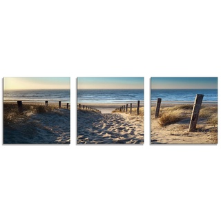 ARTland Glasbilder Wandbild Glas Bild Set 3 teilig je 50x50 cm Quadratisch Strand Meer Küste Nordsee Natur Landschaft Sommer Dünen Sand Gräser T9IP