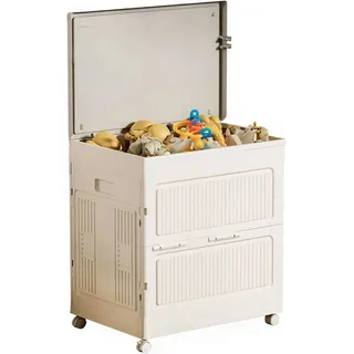 ibettertec Aufbewahrungsbox mit Deckel und Rädern Spielzeugkiste Werkzeugkasten 85L (Faltbare Kunststoff Kisten Aufbewahrung, Stapelbare Klappbox Ordnungsbox als Organizer für Kleidung, Spielzeug, Badezimmer, Küche, Büro oder Wohnzimmer, Faltbar Kunststoffschrank für Spielzeug, Bürobedarf) weiß