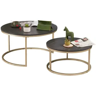 Soayone Couchtisch Rund 2er Set, Schwarz Marmor Couchtisch mit Gold Metallgestell, Beistelltisch Rund, Wohnzimmertisch Modern, Satztische fürs Wohnzimmer Schlafzimmer Balkon