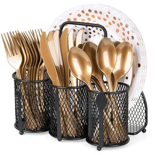 Fhioevt Küchenutensilienhalter 3 in 1 Besteckhalter aus Metall Besteckbehälter Schwarz Utensilienhalter mit Griff 3 Fächer Runder Besteckkorb Tisch Küchen Besteck-Abtropfkorb für Aufbewahrung