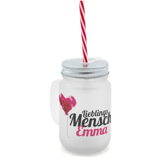 printplanet® - Trinkglas mit Henkel und Strohhalm - Bedruckt mit Namen Emma Layout Lieblingsmensch - Henkel-Glas satiniert mit Deckel und Mehrweg-Trinkhalm