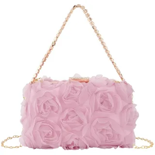 MilyaDE Damen Clutch Tasche Chiffon Blumen Brauttasche Hochzeit Handtasche Henkeltasche Abendtasche mit Strass Henkel Kette, Rosa - 20*4,5*12cm