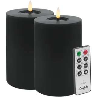 Candela LED Kerzen 2er Set H:15xØ10cm Winter schwarz glatt Echtwachs mit Fernbedienung Timer Funktion & mehrstufig dimmbar flammenlos Echtwachskerzen Stumpenkerze
