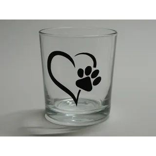 Teelicht Glas Windlicht mit Herz mit Pfote verziert Handmade Unikat Party Trink