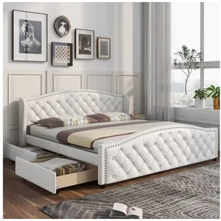 OKWISH Polsterbett Doppelbett Stauraumbett (mit Lattenrost und Kopfteil,Doppelbett, Stauraumbett mit 2 Schubkästen, 180X200cm Inklusive Matratze), mit hohes Kopfteil & Bettkasten, Holzlattenunterstützung, PU, weiß weiß 186 cm x 213.5 cm x 100 cm
