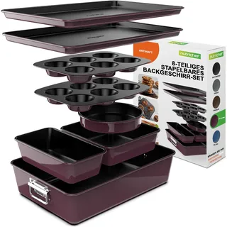 NutriChef Kuchenformen Set - 8-teiliges Stapelbares Antihaft Backformen Set - PFOA, PFOS, PTFE Frei, Ofensicher bis 232°C - Rund Kuchenform, Kastenform, Muffin- und Blechbackform, Spülmaschinenfest