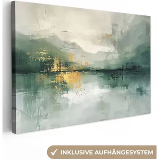 MuchoWow® - Leinwandbilder - Grün - Modern - Abstrakt - Gold, Wandbild, Wanddeko Bilder Wohnzimmer, 120x80 cm - Bunt
