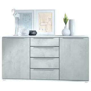 Vladon Sideboard 139 x 72,5 x 35 cm Weiß matt / Beton Oxid Optik / Grau