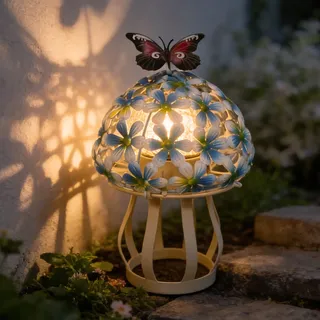 Solarlampen für Außen Tisch, Metall Pliz Solarlaterne für Außen Frühlingsdeko Solar Tischlampe Outdoor Wasserdicht Solarleuchten Garten mit Blumen Schmetterling Solar Tischleuchte für Gartendeko (B)