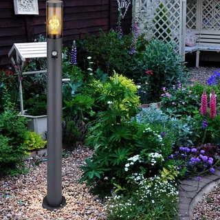 Wegeleuchte Bewegungsmelder Pollerleuchte außen Gartenlampen anthrazit IP44, Standleuchte Terrasse Balkon, Edelstahl rauchfarben, 1x E27 Fassung, DxH 12,7x110cm