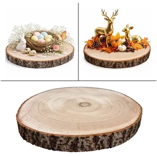 Online-Fuchs Dekotablett - Holzscheibe rund, Baumscheiben Tisch Deko natur - 30 cm Durchmesser (Paulownia Holz, ideal für saisonale Arrangements), natürliche Maserung mit einem rustikalem Rindenrand beige