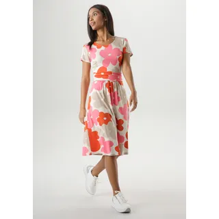Sommerkleid ANISTON SELECTED Gr. 44, N-Gr, bunt (beige, rot, pink, stein) Damen Kleider Knielange mit grafischem Blumendruck - Jedes Teil ein Unikat NEUE KOLLEKTION