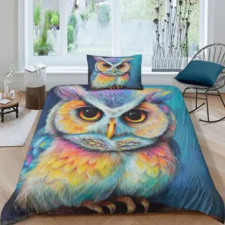 VesFy Eule Bettwäsche 2 Teilig Muster Künstlerische Tiere Bettbezug Set Deluxe Microfaser Deckenbezug Mit Verdecktem Reißverschluss Und Kopfkissenbezüge Für Jugendliche Kinder Single(135x200cm)