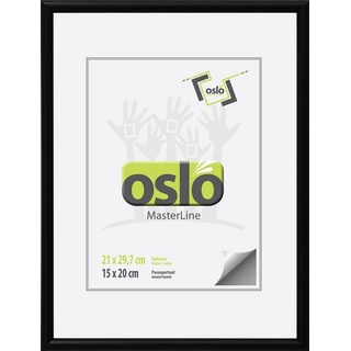 Oslo MasterLine Einzelrahmen Bilderrahmen 21 x 30 cm Din A4, Holz massiv, Echtglas, Urkundenformat, schwarz exakt A4 21x29,7 schmales Profil FSC mit stabilem Aufsteller schwarz