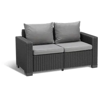 "Allibert by Keter" California 2-Sitzer Gartensofa für Balkon und Terrasse, inklusive Sitzauflagen und Rückenkissen, runde Rattanoptik, Lounge Gartenmöbel, Graphit/panama cool grau, 141 x 68 x 72 cm