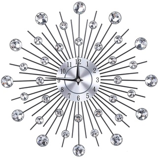 Raguso Wanduhr Crystal Decorative Wanduhr Sparkling Bling Metallic Silber Blumenförmige Wanduhr für Wohnzimmer Büro(Runde Blume)