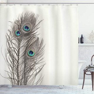 ABAKUHAUS Pfau Duschvorhang, Federn von Exotischer Vogel, Stoffliches Gewebe Badezimmerdekorationsset mit Haken, 175 x 200 cm, Weiß Taupe und Blau