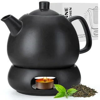 Keramik Teekanne mit Stövchen und Sieb - 1,4 l - Große Teekanne mit Siebeinsatz und Kerzenwärmer - Teekannen Set mit Filter für losen Tee - Tee Zubehör - robust & spulmaschinenfest (Anthrazit)