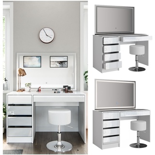 Schminktisch Sherry weiß hochglanz Frisiertisch LED Spiegel 5 Schubladen Kommode Hocker Vicco