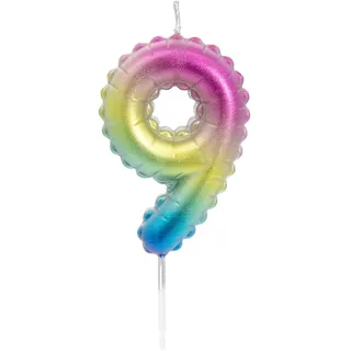 Idena 50079 - Zahlenkerze 9, Regenbogen metallic, Geburtstagskerze aus Paraffinwachs, lebensmittelecht, Größe Zahl ca. 6 x 4 x 1 cm, Länge Spieß ca. 2,5 cm